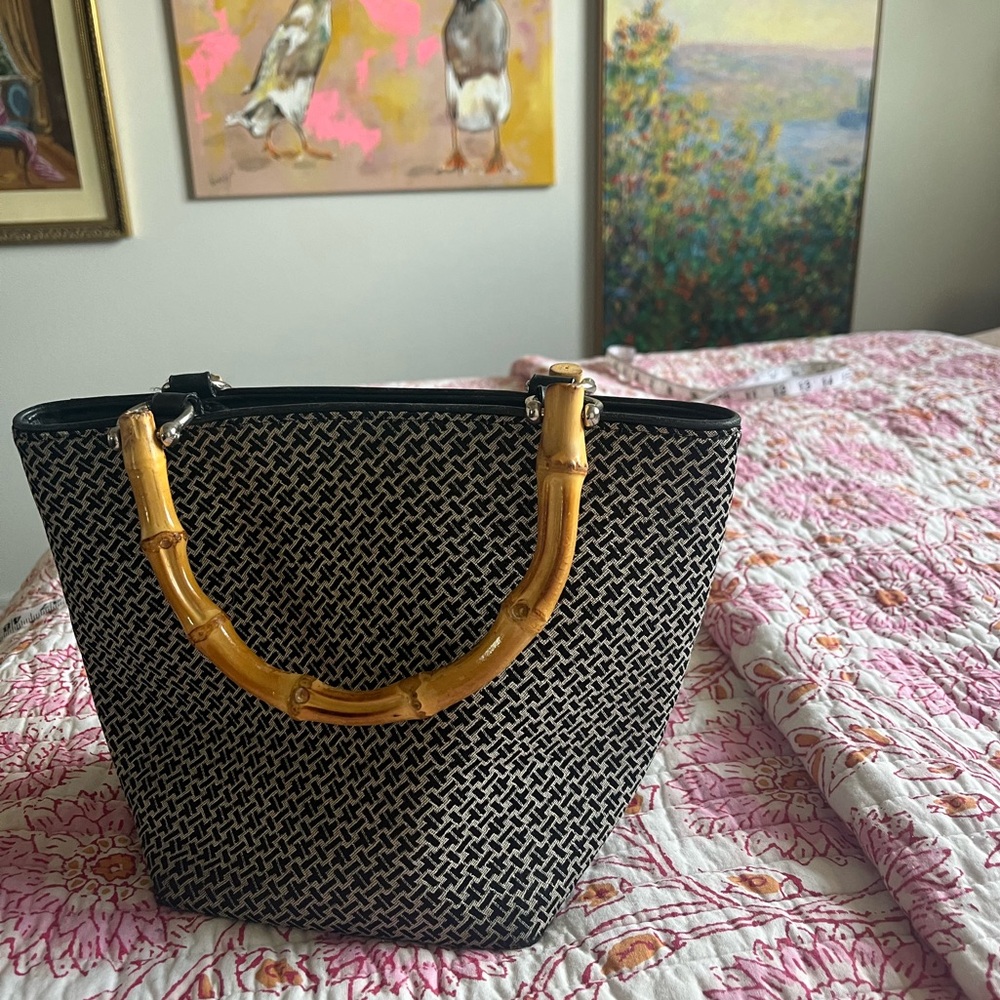 Vintage 90s Talbots bag. Bamboo handles. Black & tan. Leather & silver details
